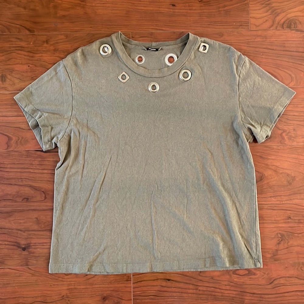 COPY Monrow Sage Green Silver Bedazzled Tee Shirt Top